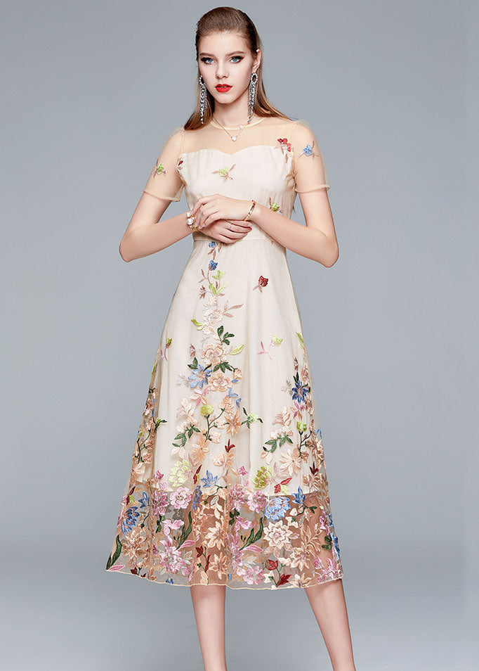 Floral Embroidered Mesh Illusion Neckline A-Line Midi Dress - View 5
