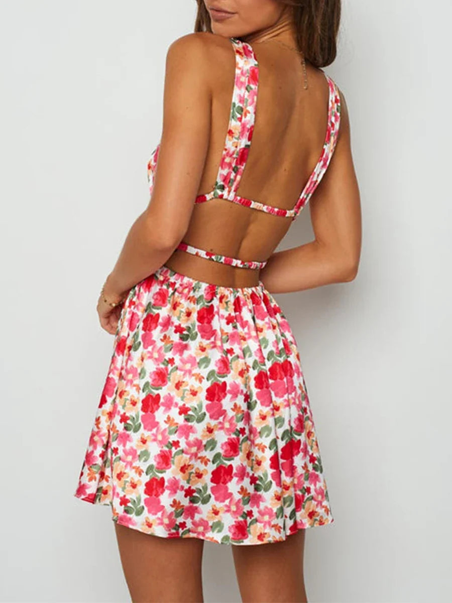 Sexy Backless V-neck Flower Print Mini Floral Dress