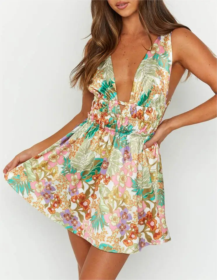 Sexy Backless V-neck Flower Print Mini Floral Dress