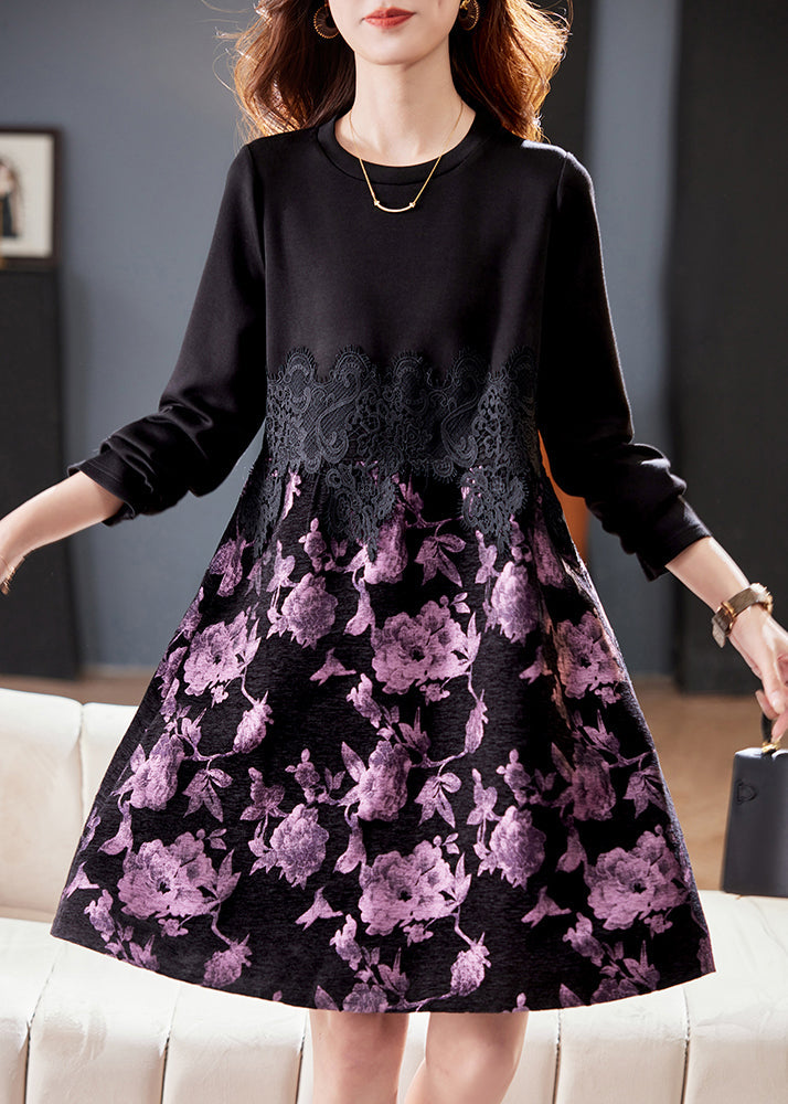 Floral Print Round Neck Long Sleeve Lace Waist A-Line Midi Dress