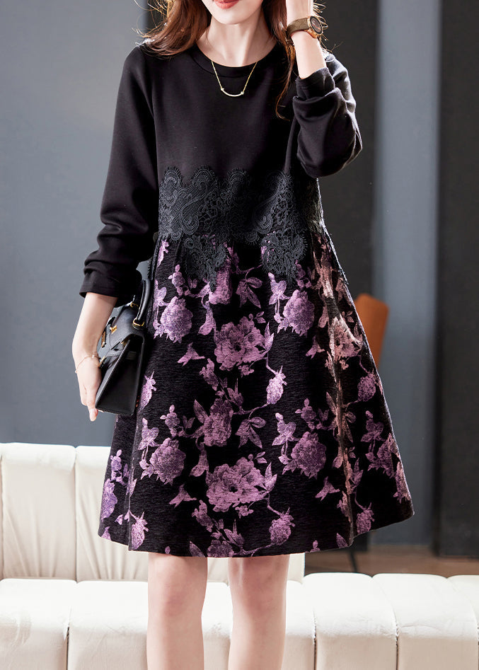 Floral Print Round Neck Long Sleeve Lace Waist A-Line Midi Dress - View 2