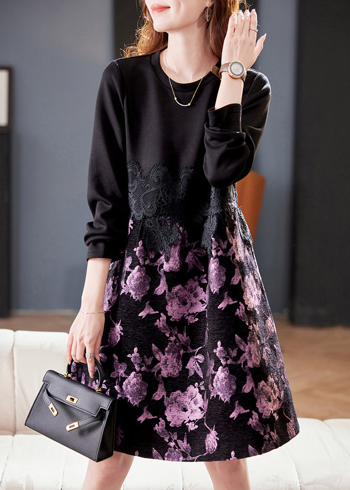 Floral Print Round Neck Long Sleeve Lace Waist A-Line Midi Dress - View 3