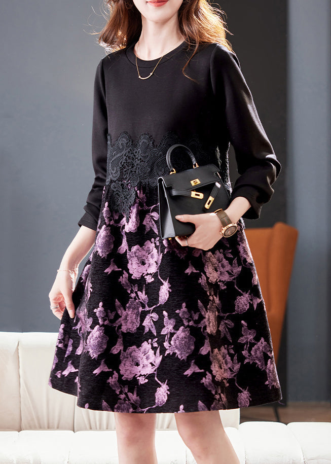 Floral Print Round Neck Long Sleeve Lace Waist A-Line Midi Dress - View 4