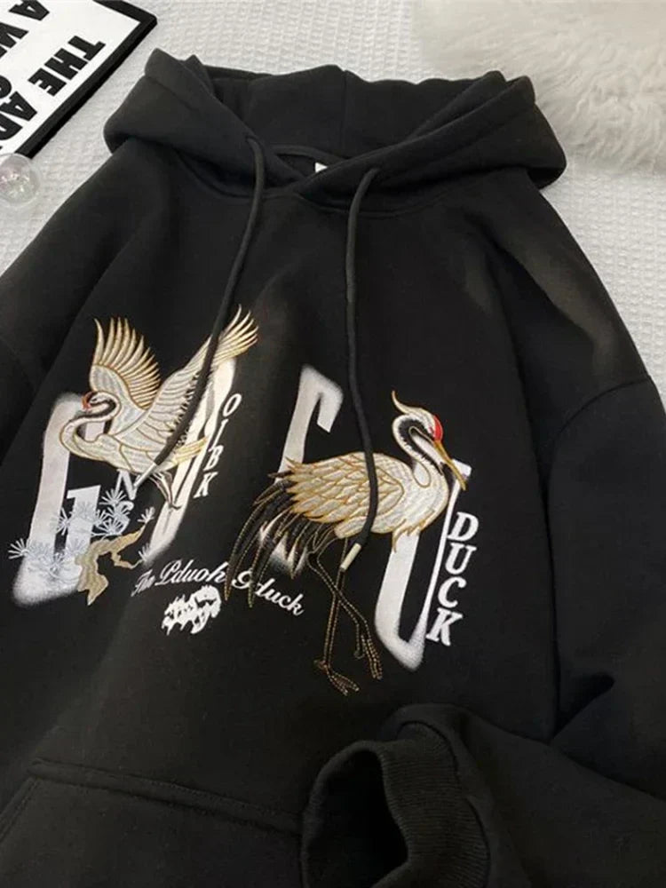 Chinese Crane Pullover Hoodie Black / M(40-45KG)