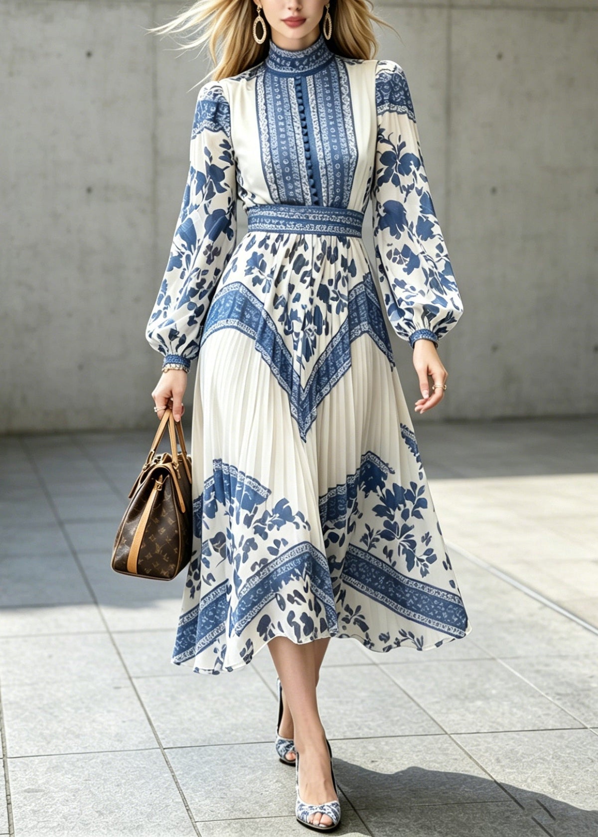 Chiffon Floral Tile Print Mock Neck Bishop Sleeve Midi Dress