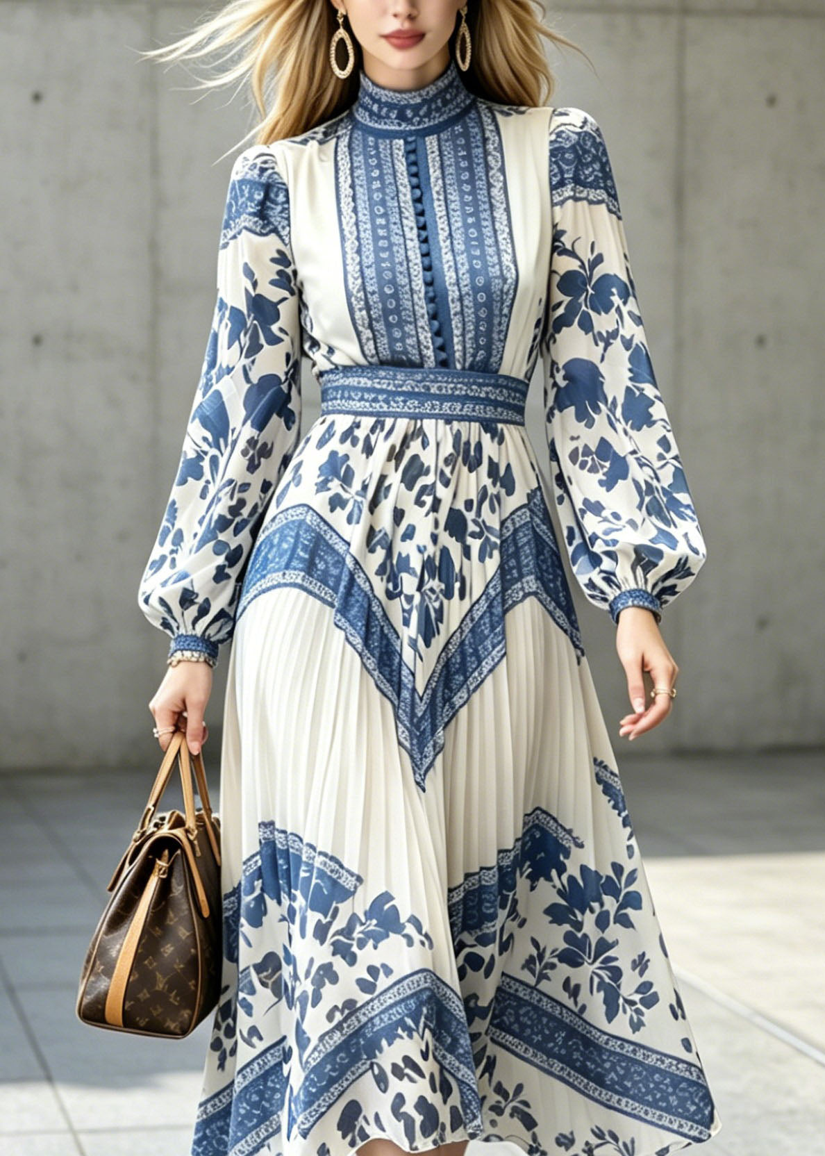 Chiffon Floral Tile Print Mock Neck Bishop Sleeve Midi Dress - View 2
