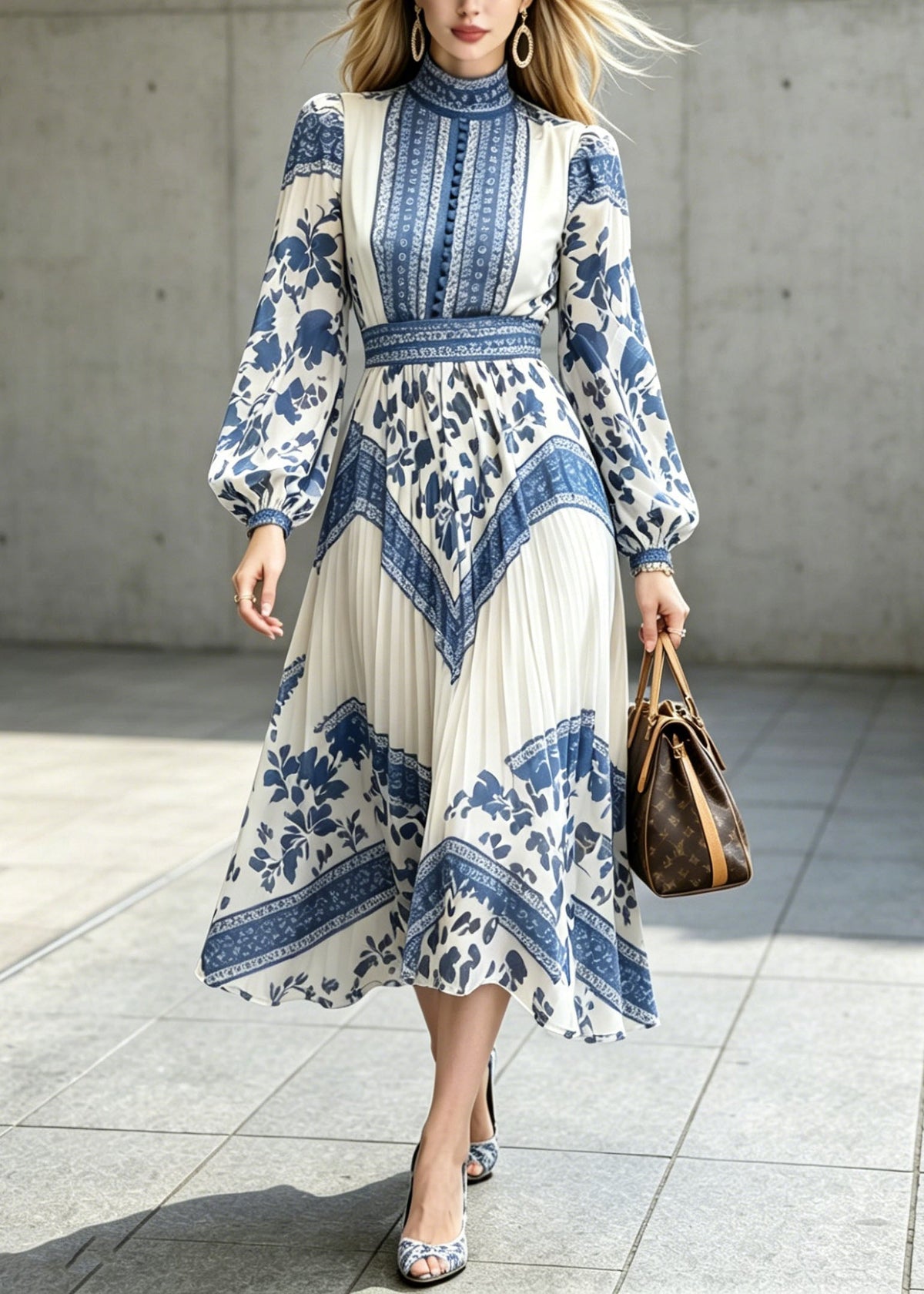 Chiffon Floral Tile Print Mock Neck Bishop Sleeve Midi Dress - View 3