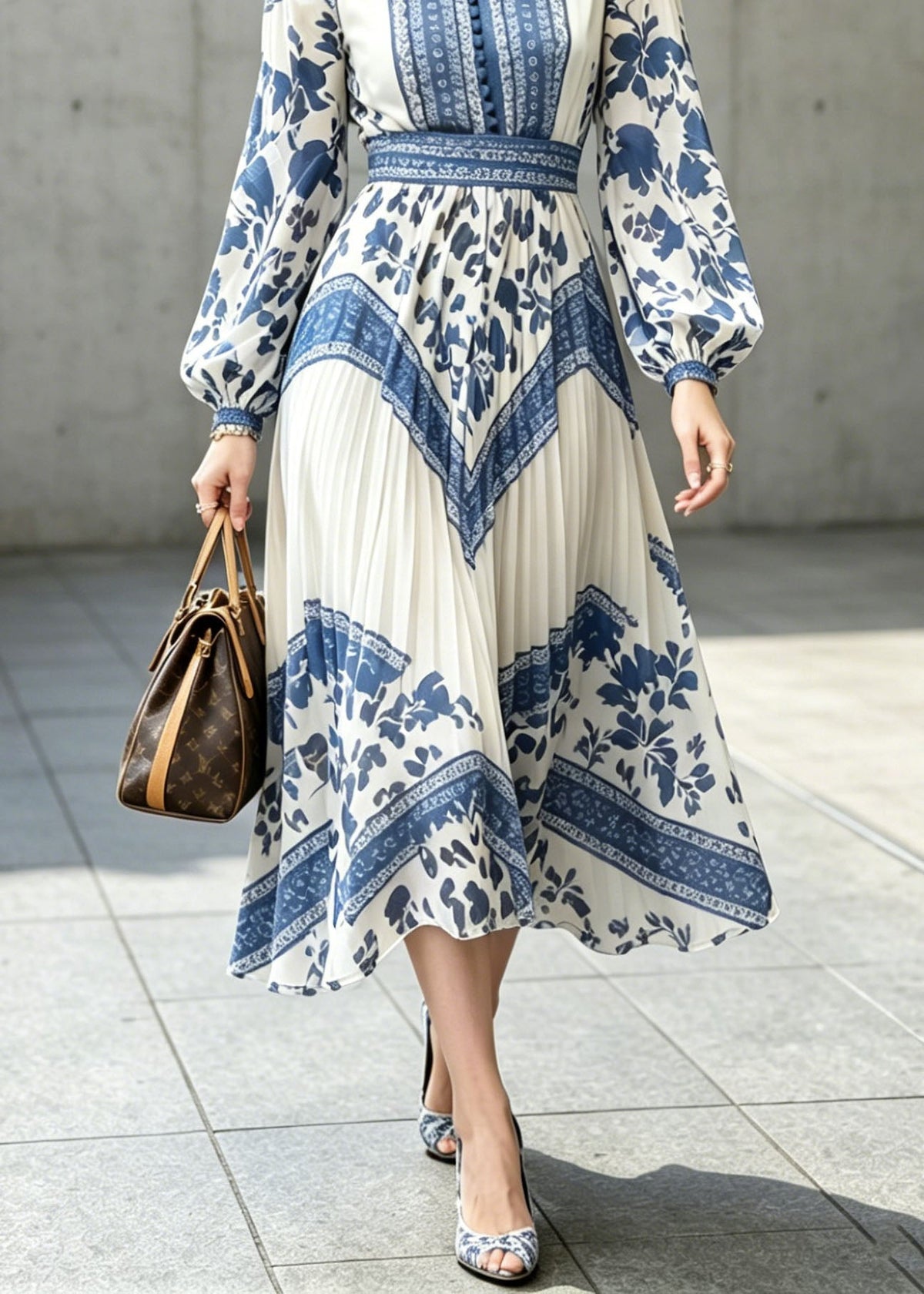 Chiffon Floral Tile Print Mock Neck Bishop Sleeve Midi Dress - View 4