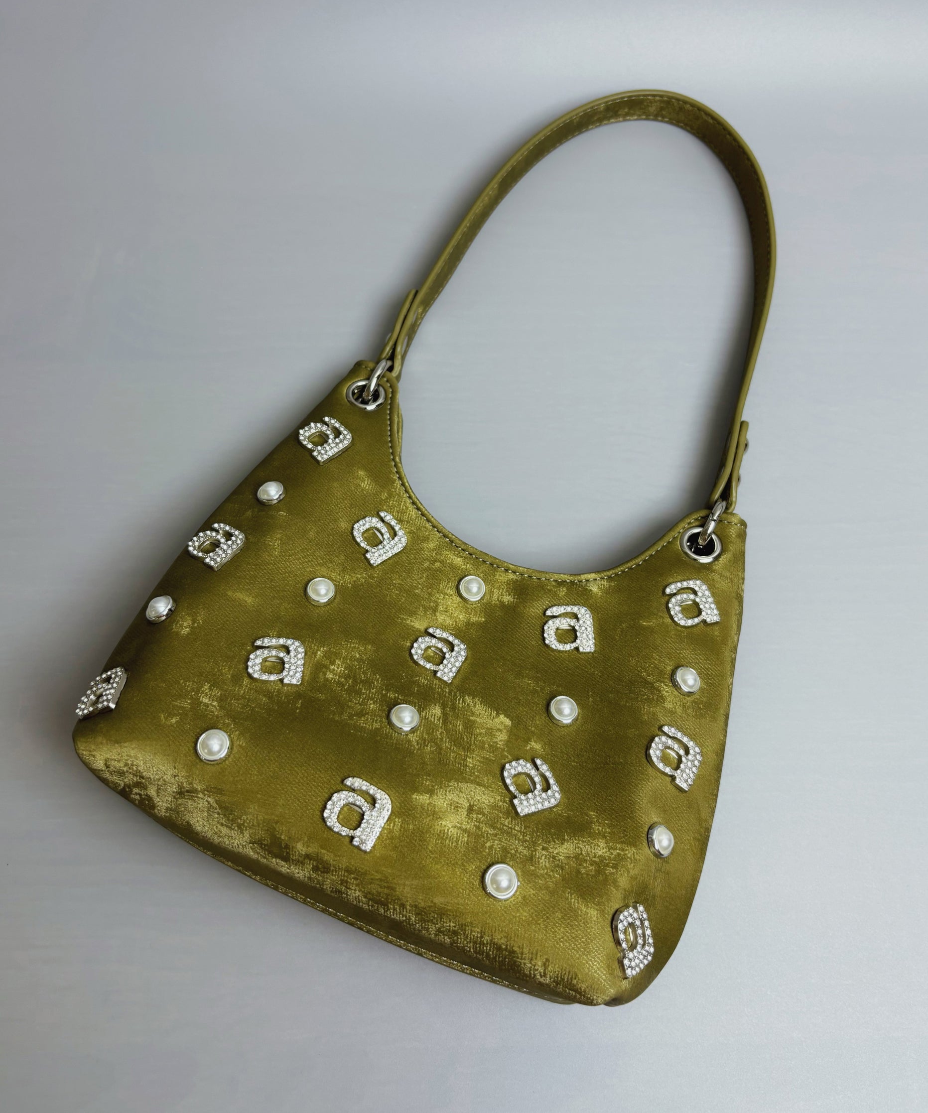Green Silk Rhinestone Letter Shoulder Bag