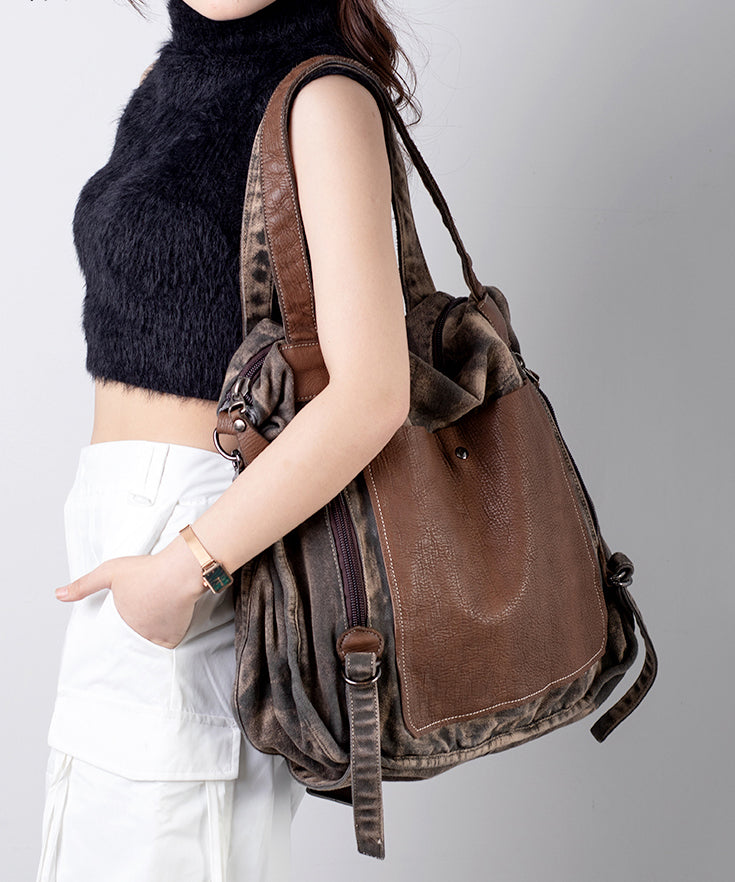 Coffee Large Capacity Cowhide Spliced Canvas Satchel Bag Handbag