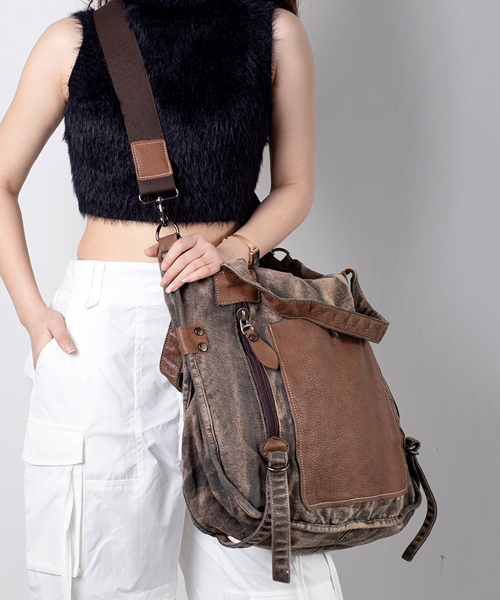 Coffee Large Capacity Cowhide Spliced Canvas Satchel Bag Handbag