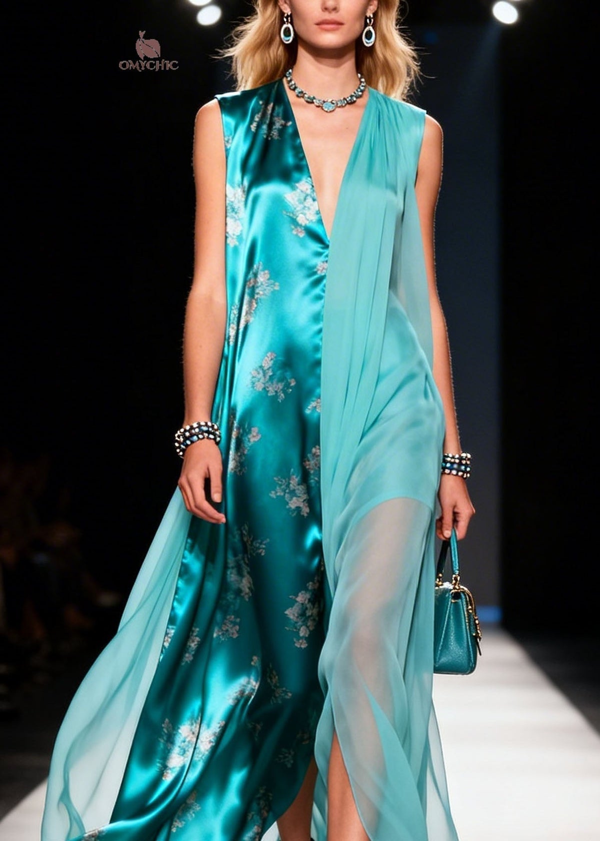 Chiffon Floral V-Neck Sleeveless Sheer Overlay Panel Maxi Dress - View 2