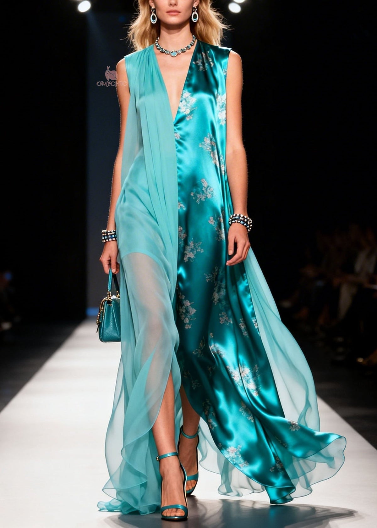 Chiffon Floral V-Neck Sleeveless Sheer Overlay Panel Maxi Dress - View 3
