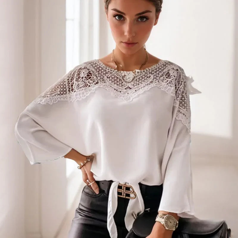 Crochet Embroidery Lace Sexy White Shirt Blouse