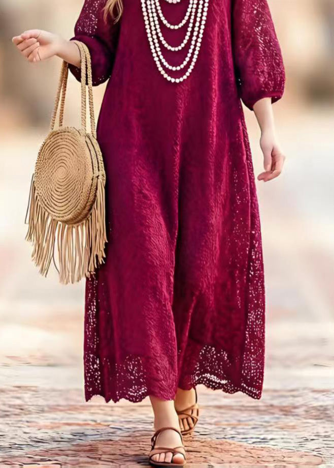 Lace Cut Out Round Neck 3/4 Sleeve Scalloped Hem Maxi Summer Dress - View 4
