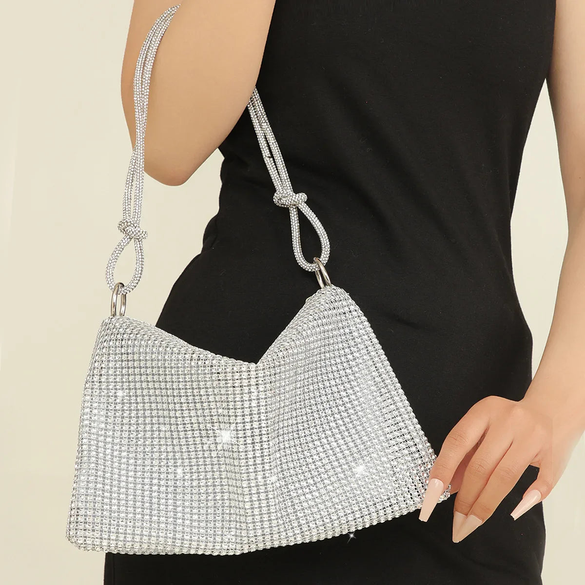 Silver Shiny Rhinestone Underarm Evening Clutch Bag