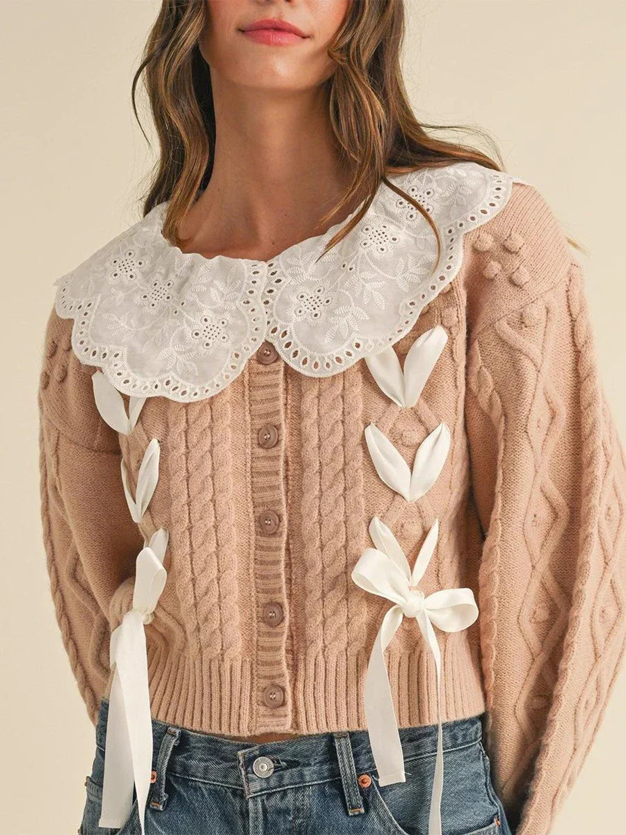 Doll Collar Tie-Up Long Sleeve Knit Cardigan