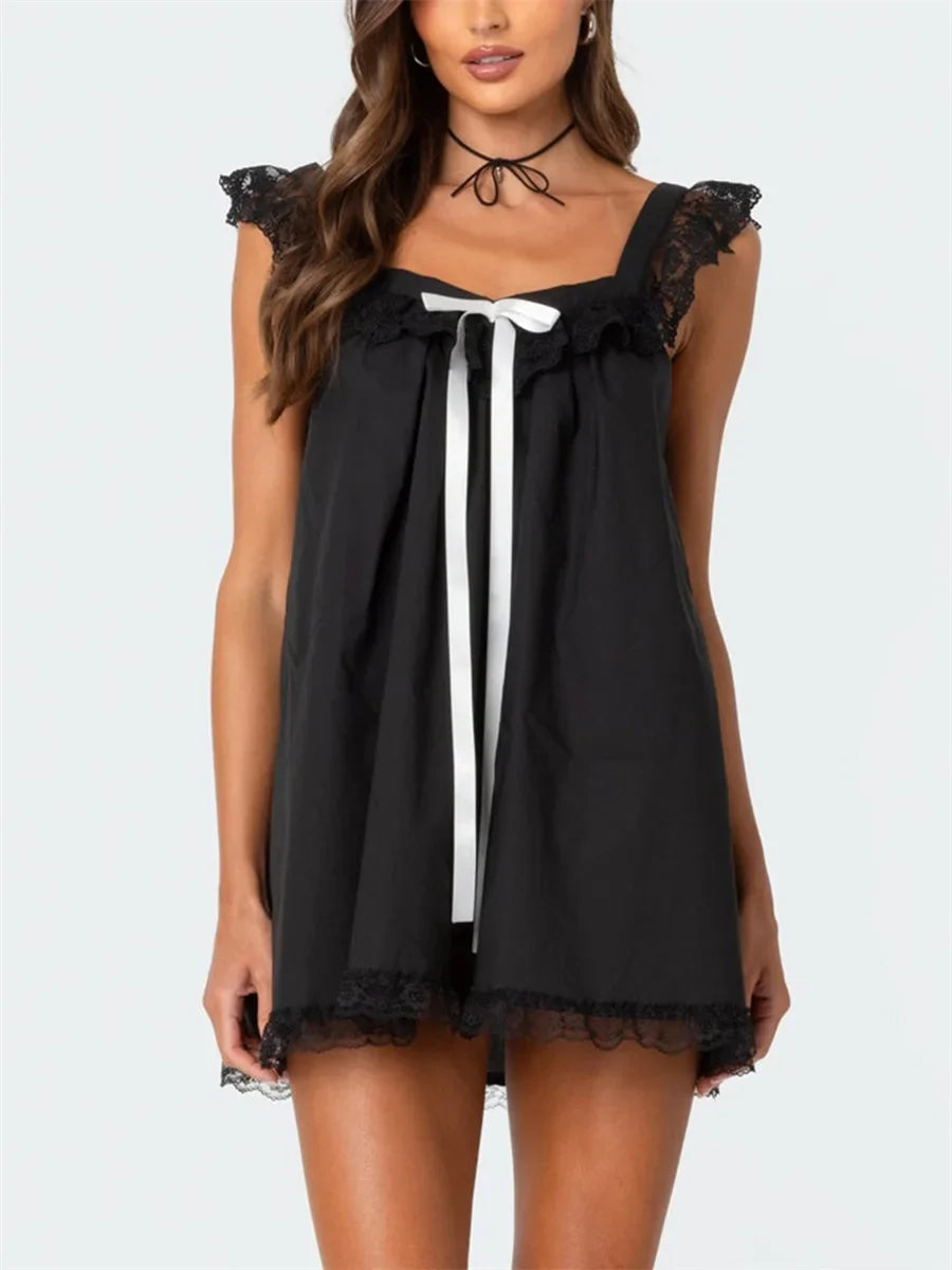 Lace Bowknot Embellished Mini Dress