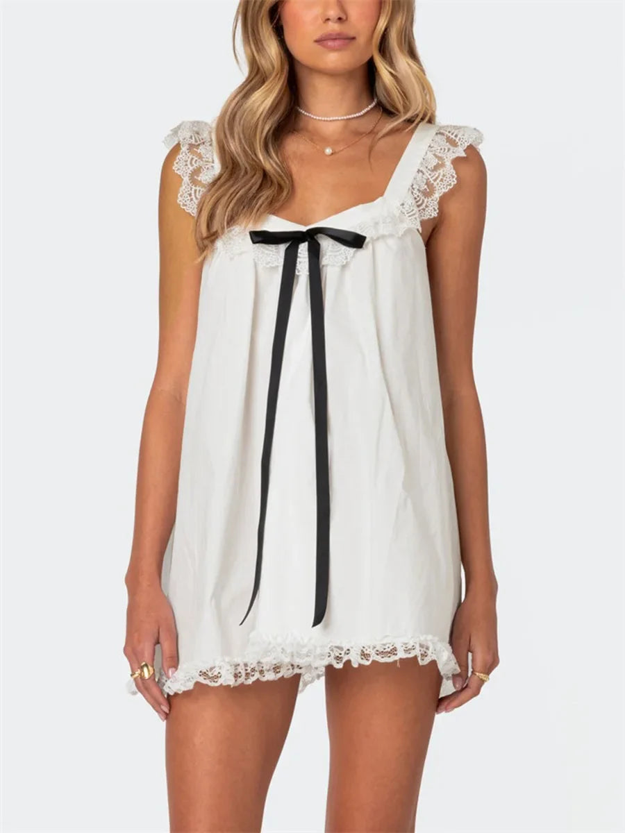 Lace Bowknot Embellished Mini Dress
