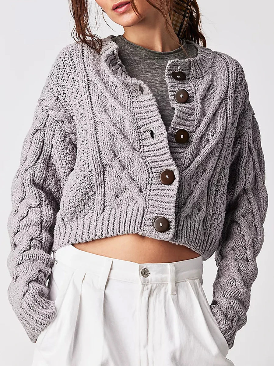 Cropped Cable Knit Button-Down Cardigan