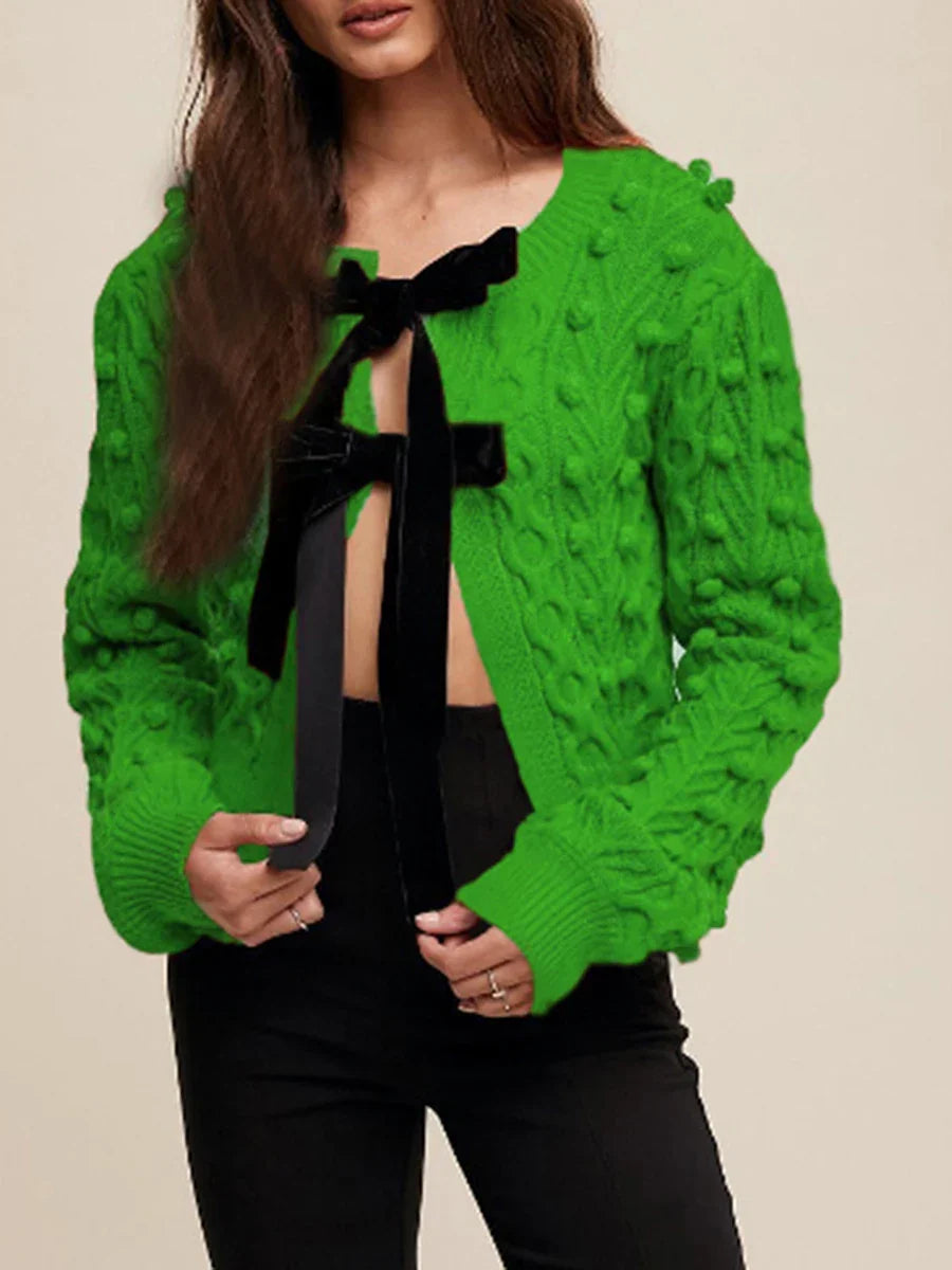 Ribbed Bow Tie Cable Knit Cardigan