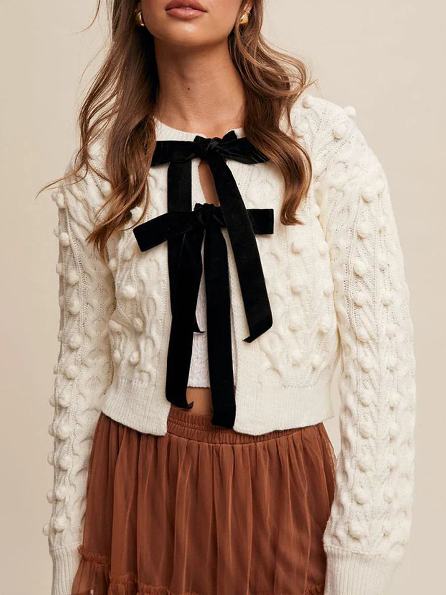 Ribbed Bow Tie Cable Knit Cardigan