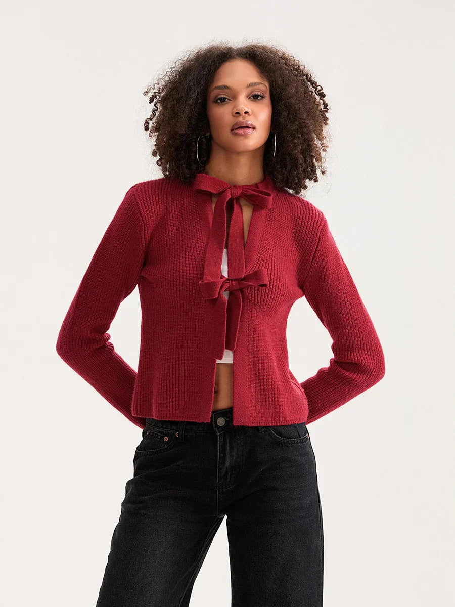 Bow Tie Front Crew Neck Knit Cardigan
