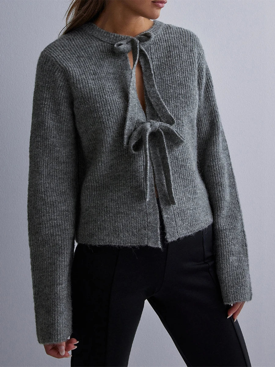 Bow Tie Front Crew Neck Knit Cardigan
