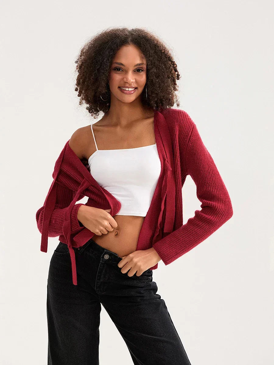 Bow Tie Front Crew Neck Knit Cardigan