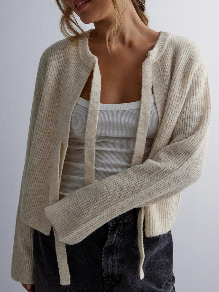 Bow Tie Front Crew Neck Knit Cardigan gray / S