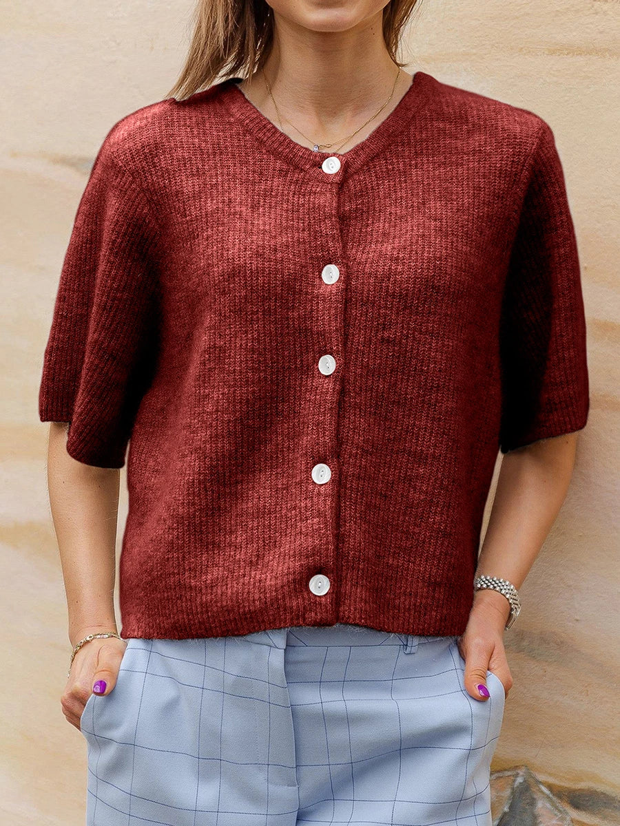 Short Sleeve Round Neck Button-Down Cardigan