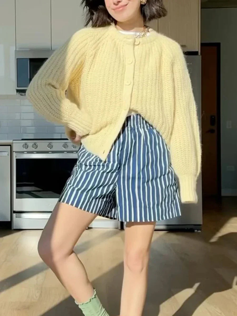 Loose Solid Crew Neck Button Cardigan