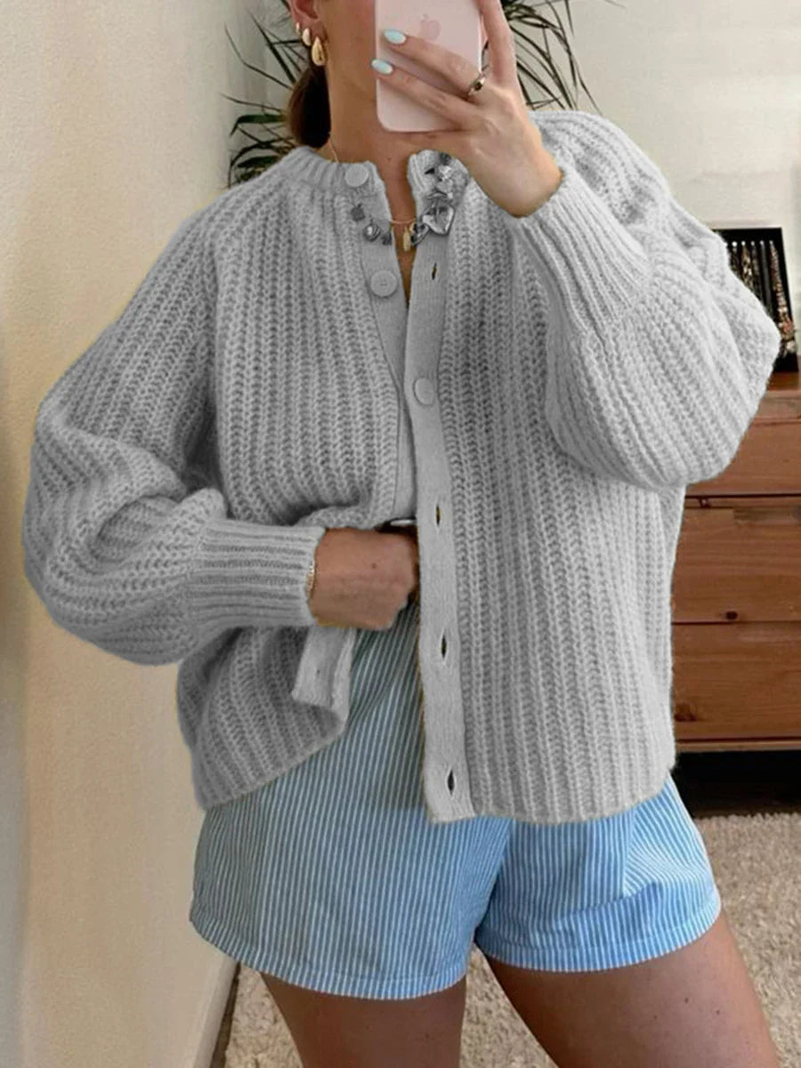 Loose Solid Crew Neck Button Cardigan