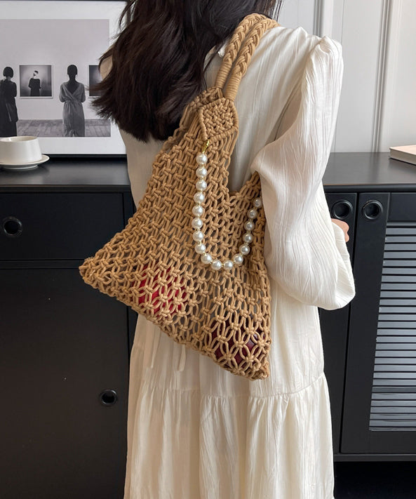 Khaki Hollow Out Beading Fashionable Weaving Satchel Bag Handbag