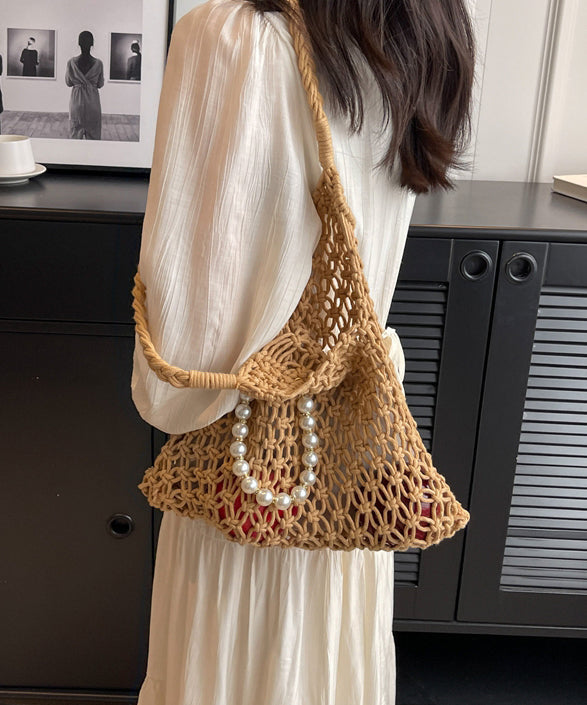 Khaki Hollow Out Beading Fashionable Weaving Satchel Bag Handbag