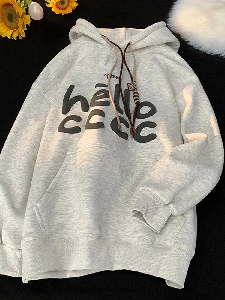 Korean Fashion Letter Printed Fleece Hoodie