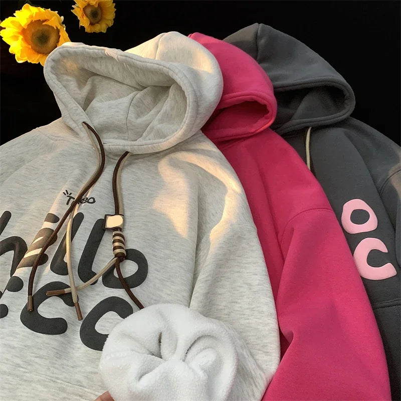Korean Fashion Letter Printed Fleece Hoodie