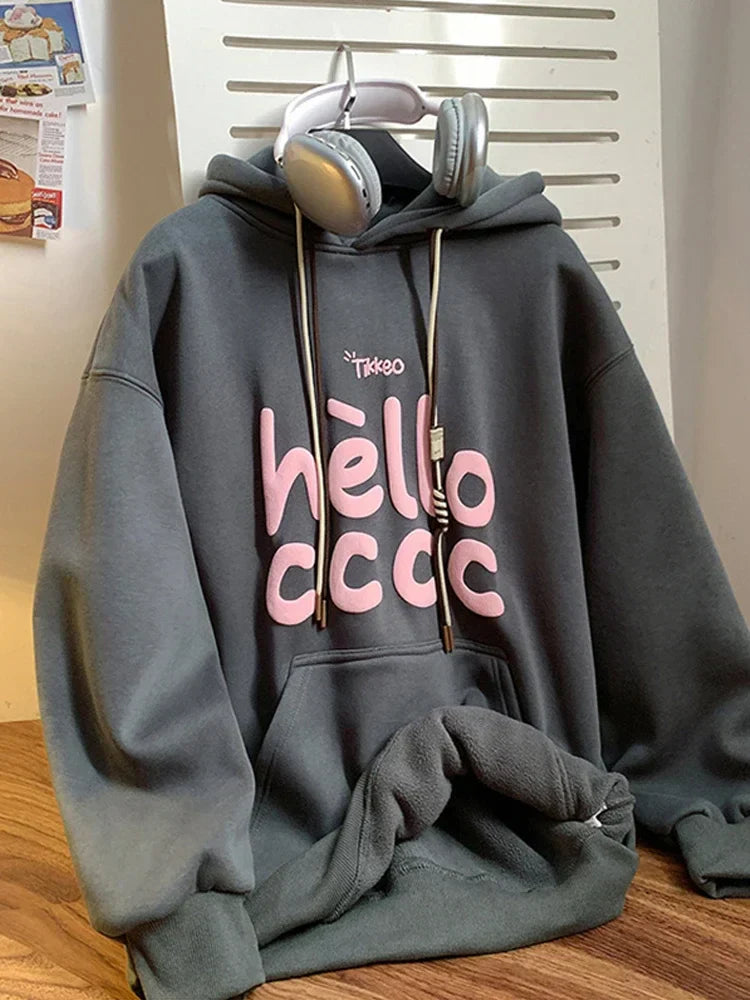 Korean Fashion Letter Printed Fleece Hoodie