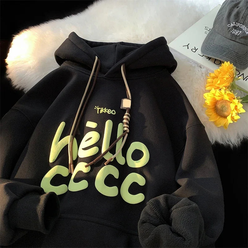 Korean Fashion Letter Printed Fleece Hoodie