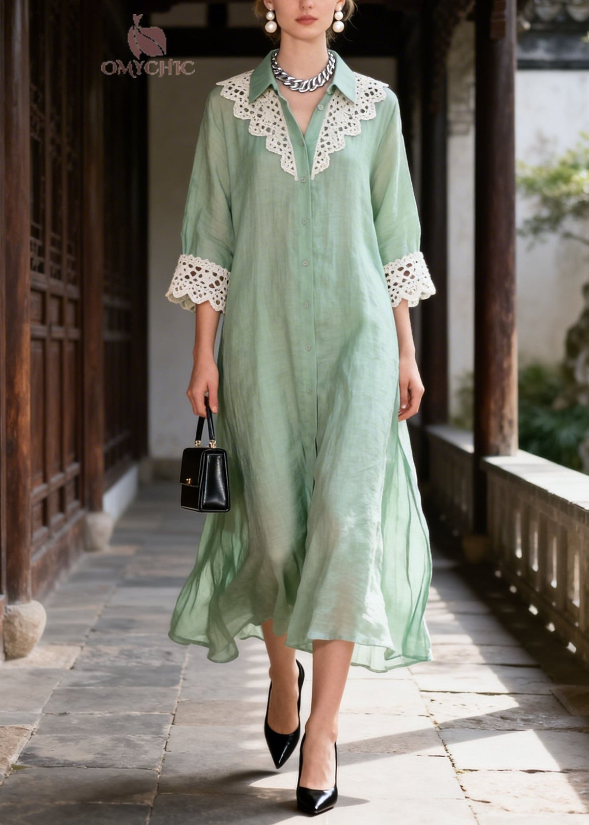Lace Trim Collar Button Front Three Quarter Sleeve A-Line Midi Dress