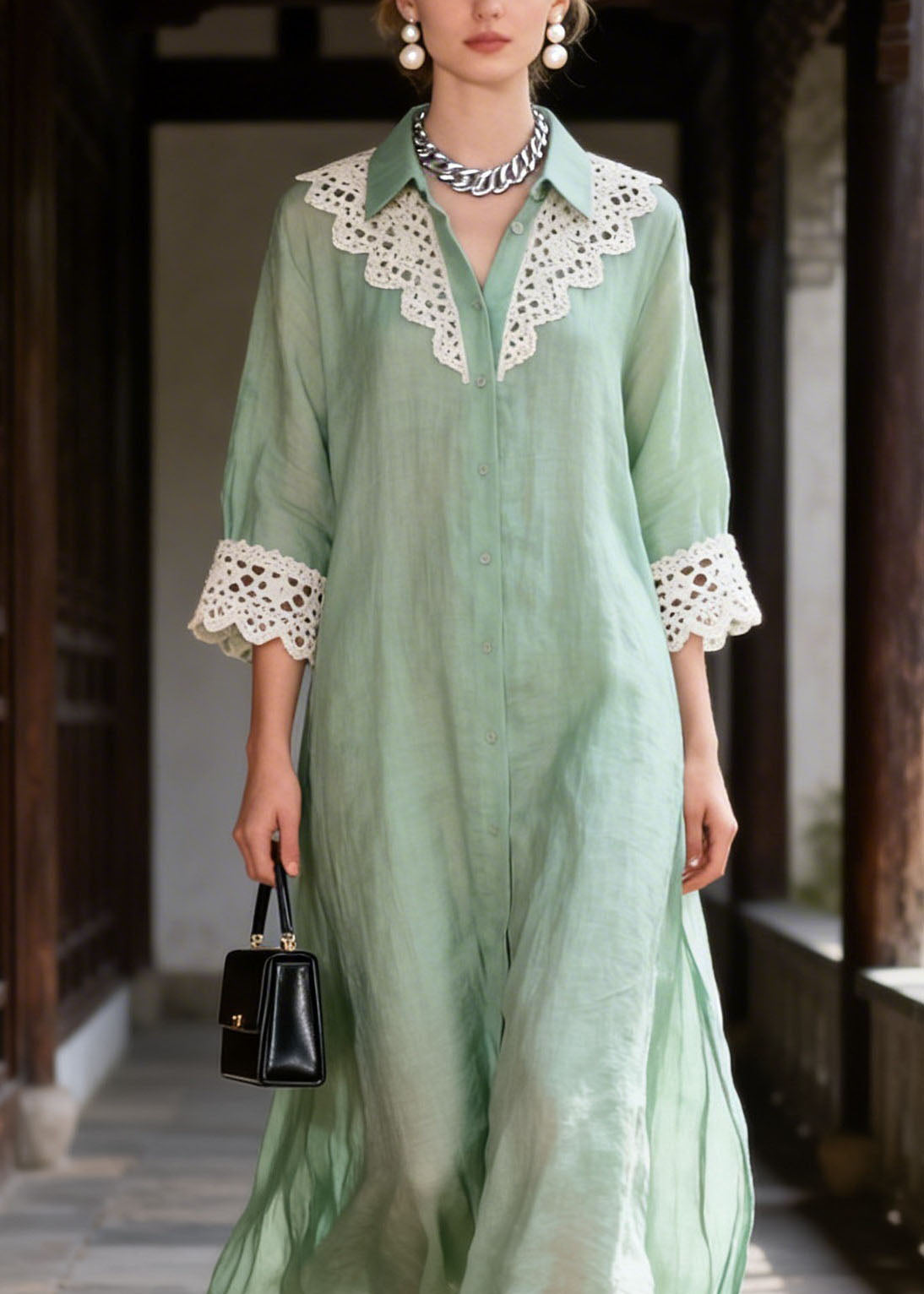 Lace Trim Collar Button Front Three Quarter Sleeve A-Line Midi Dress - View 2