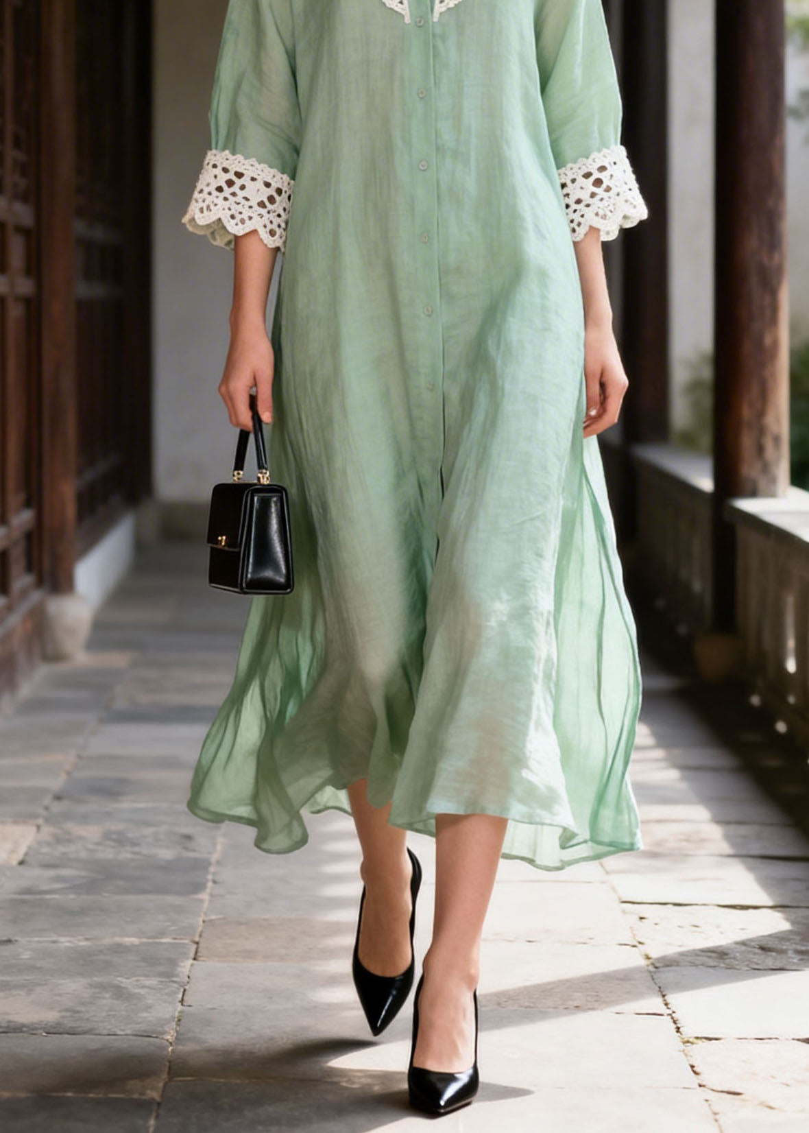 Lace Trim Collar Button Front Three Quarter Sleeve A-Line Midi Dress - View 4