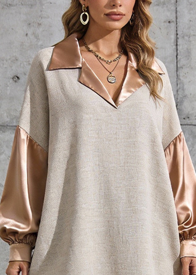 V-Neck Notched Collar Lantern Sleeve Button Cuff Shirt Mini Dress - View 2