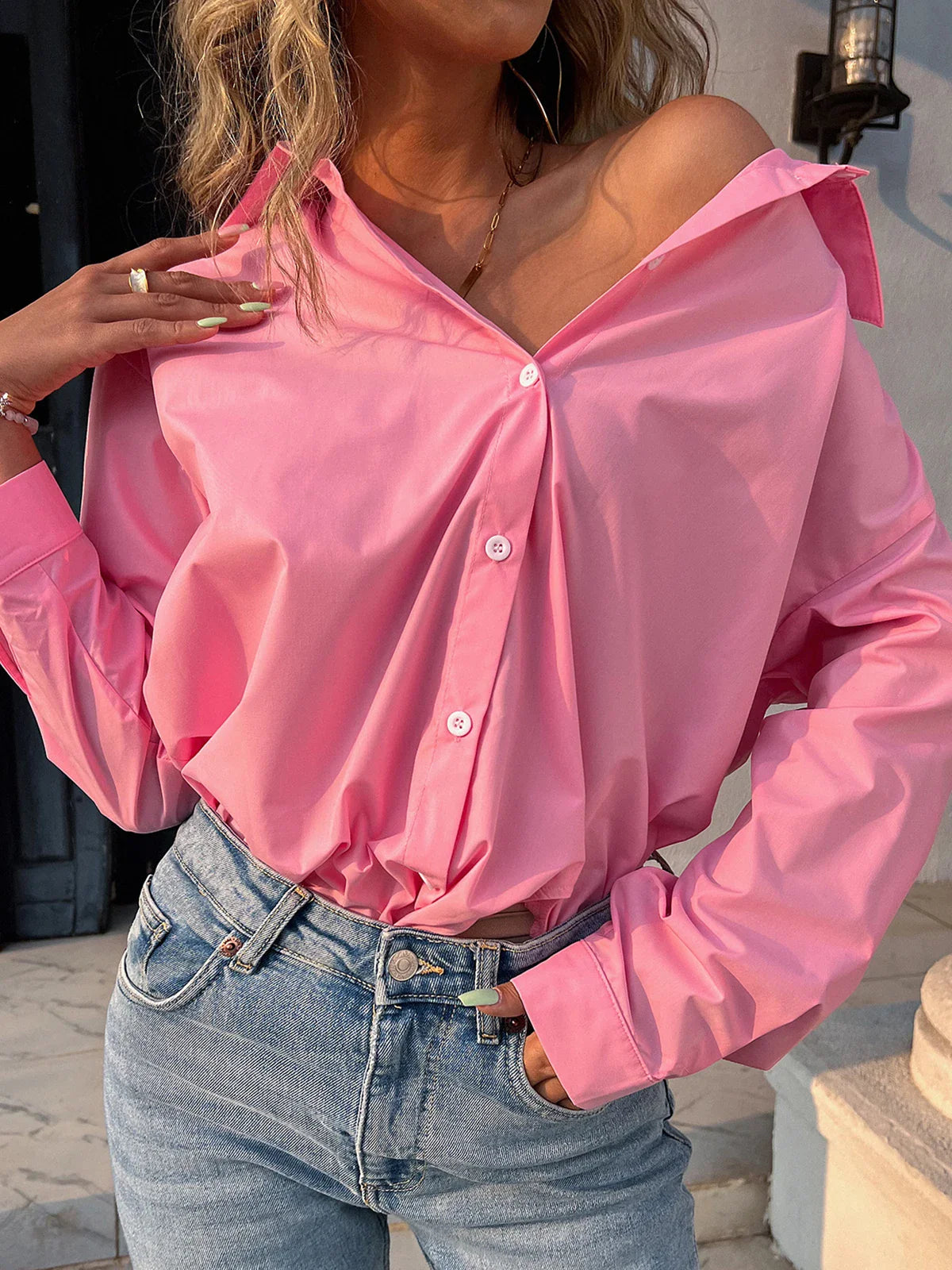 Button Down Casual Solid Collar Loose Blouse