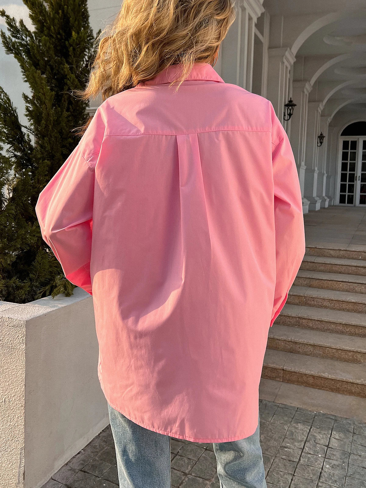 Button Down Casual Solid Collar Loose Blouse