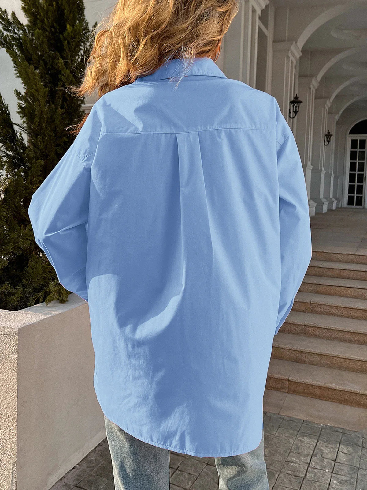 Button Down Casual Solid Collar Loose Blouse