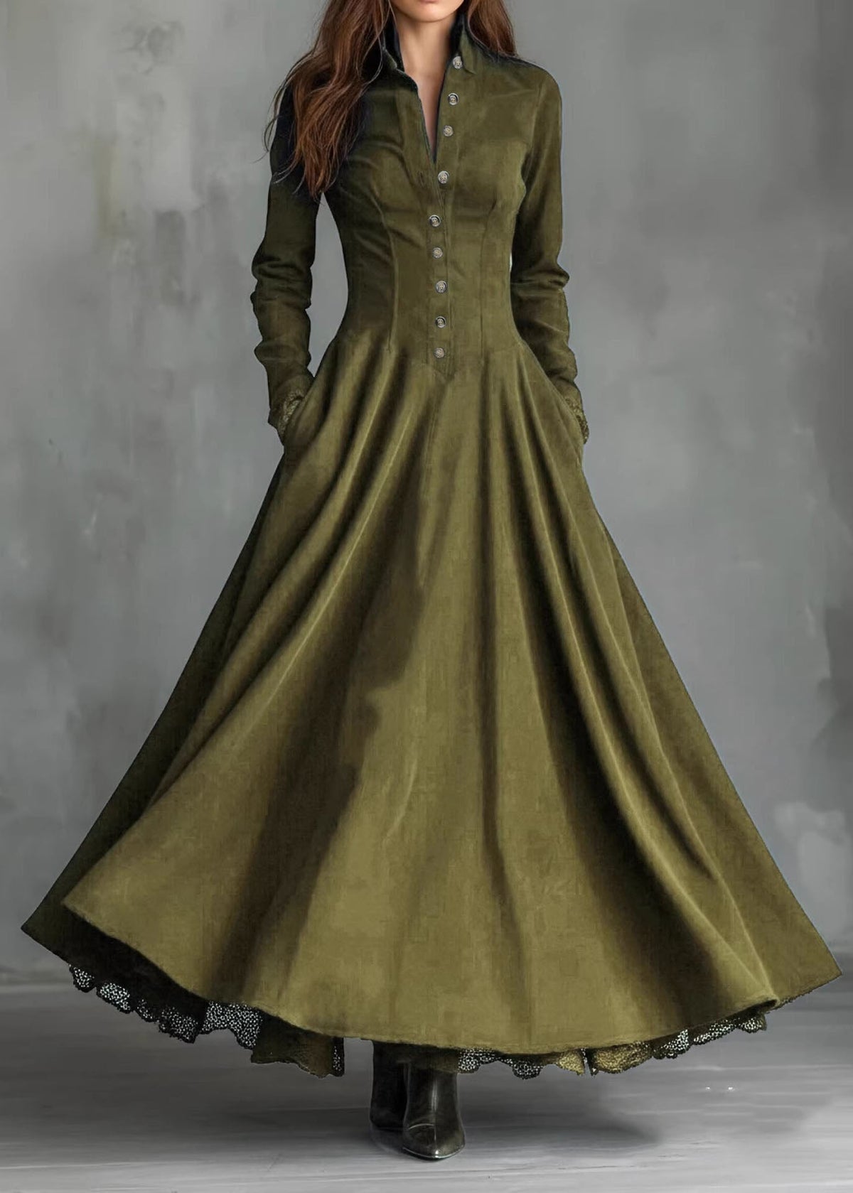 Button Front Stand Collar Lace Trim Pleated Pocket Maxi Dress - View 2