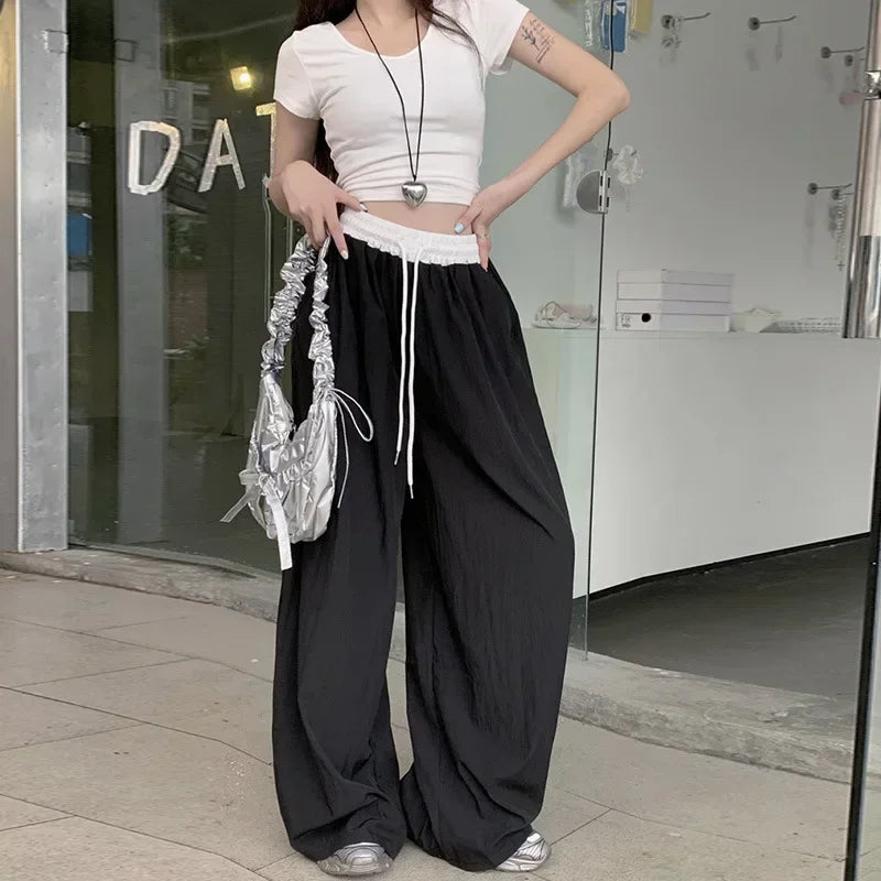 Patchwork Wide Leg Casual Drape Straight Pant