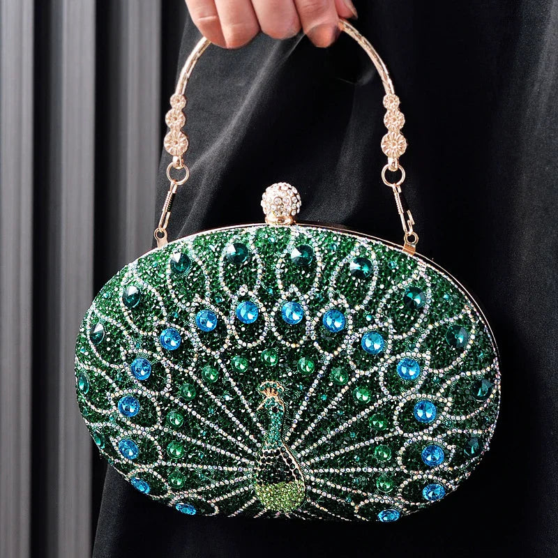 Peacock Pattern Diamond Evening Rhinestone Shoulder Clutch Bag