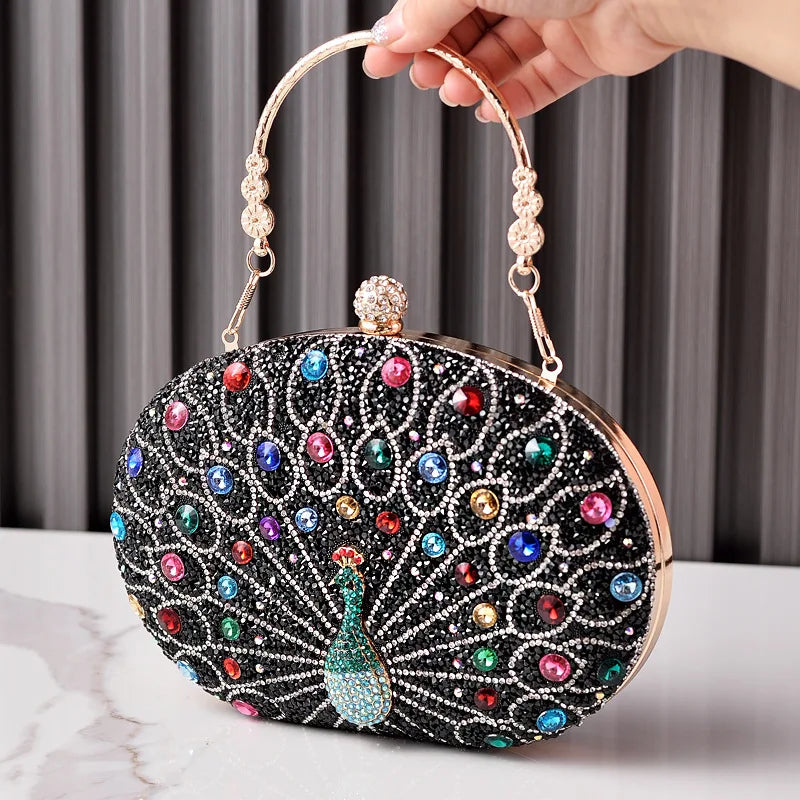 Peacock Pattern Diamond Evening Rhinestone Shoulder Clutch Bag